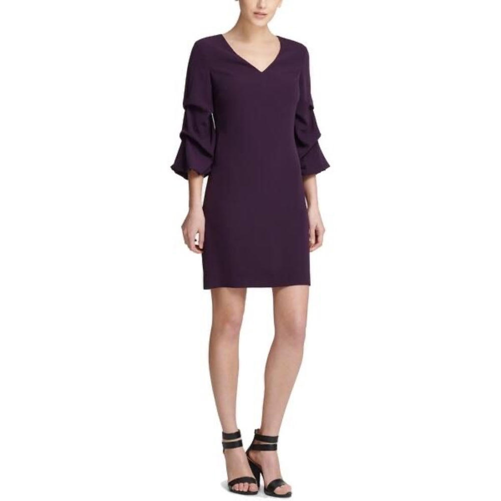 DKNY Purple Sheath Dress Ruched Sleeves V-Neck